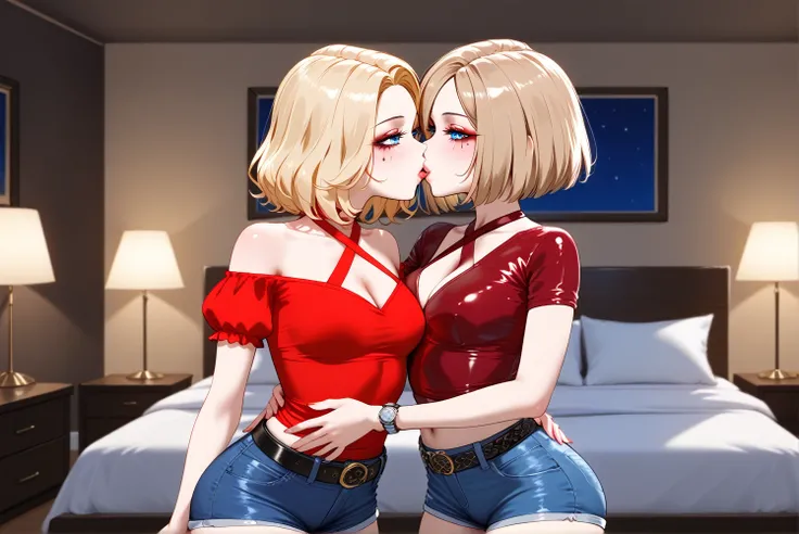 Two beautiful women ((Lady 1: 35-year-old mother, Short straight blonde hair, Lady 1 with blue eyes and caucasian skin, Lady 1 wearing Tight Light Jeans and Leather Belt, Lady 1 Sexy Criss Cross Mock Neck Mid Sleeves Red Blouse)), ((Woman 2: 13-year-old da...