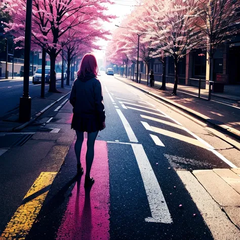 masterpiece, best quality, ultra detailed, illustration, wide angle, 1 girl is standing in the middle of the road, one, the road...