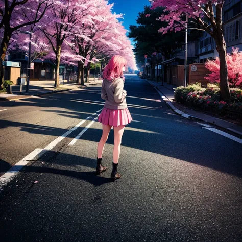 masterpiece, Best quality, ultra detailed, illustration, wide angle, 1 girl is standing in the middle of the road, One, The road in the middle and the pink cherry trees on the side of the road, whole body, 20s, pink hair, sweater, Short skirt, fashion,, co...