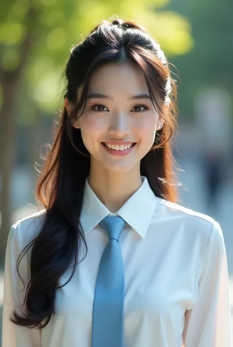 (Masterpiece), (very complicated:1.3), (realistic), Portrait of a young woman, Thai face, The most beautiful in the world,Long black hair tied up, (White long-sleeved shirt with a light blue tie), upper body, outdoor, weak sunlight, ภาพถ่ายมืออาชีพของผู้หญ...