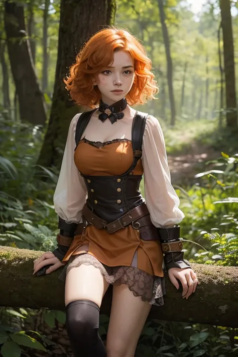 17 year old girl, charming, Orange hair, Very short, Very curly, delgado, flat bust, with freckles on the face, with Slavic features, steampunk dress, whole body, two hands, shows her legs, In the woods.