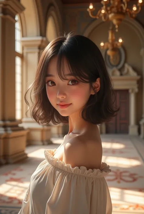 best quality, face focus, soft light, (depth of field) ,ultra high res, (photorealistic:1.4), RAW photo, (portrait:1.4) ,(from front)
1japanese girl, solo, cute, (shy, smile:1.1), (brown eyes),  detailed beautiful face, (midi_hair),
The Great Hall of a Eur...