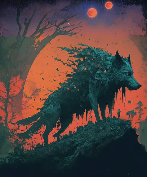 A majestic wolf with a shadowy, ethereal form, standing on a rocky outcrop against a backdrop of a blood-red moon and a dark, foreboding forest