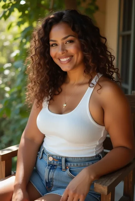 Woman with curly brown hair, thick lips, large breasts, white tank top, denim shorts, sitting on chair 