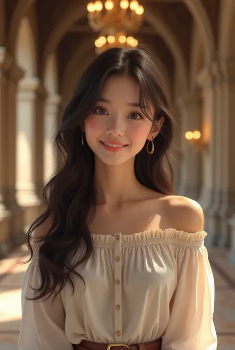 best quality, face focus, soft light, (depth of field) ,ultra high res, (photorealistic:1.4), RAW photo, (portrait:1.4) ,(from front)
1japanese girl, solo, cute, (shy, smile:1.1), (brown eyes),  detailed beautiful face, (midi_hair),
The Great Hall of a Eur...