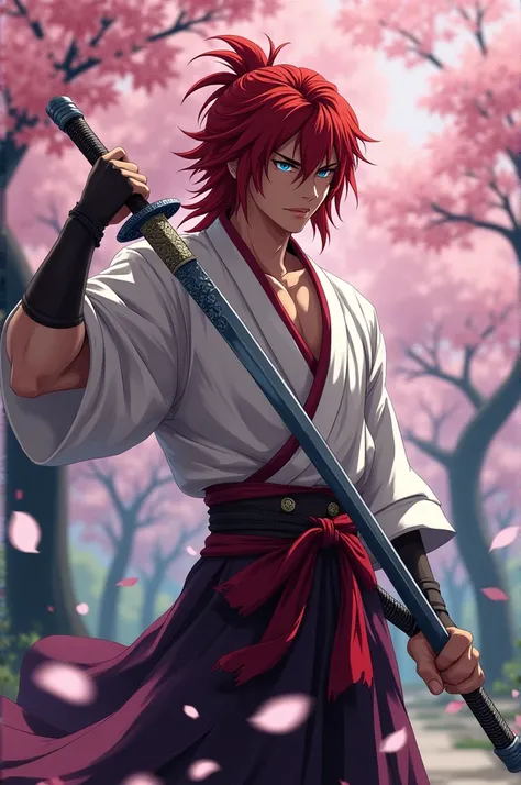 Kenshin in his iconic Battoujutsu stance, with a calm and focused demeanor. 8K ultrarealistic.