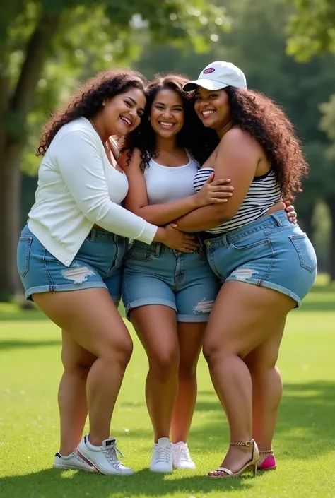 three extremely Tsk tsk tsk and large latino women hugging, huge bust, 250 pounds of sensuality, shorts, huge breasts, Tsk tsk tsk-hips, smiling, BBW, plus size women, Tsk tsk tsk, Hands on shoulders, wearing a baseball cap,  shirt, white jacket, voluptuou...