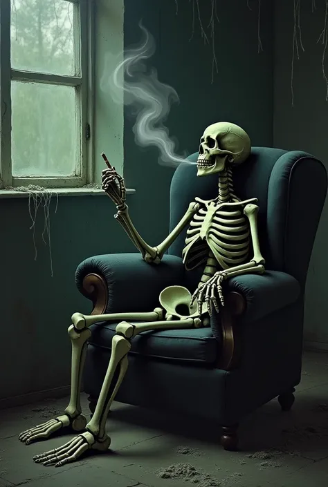 A deadly 
 skeleton smoking cigarettes  sitting on a chair
