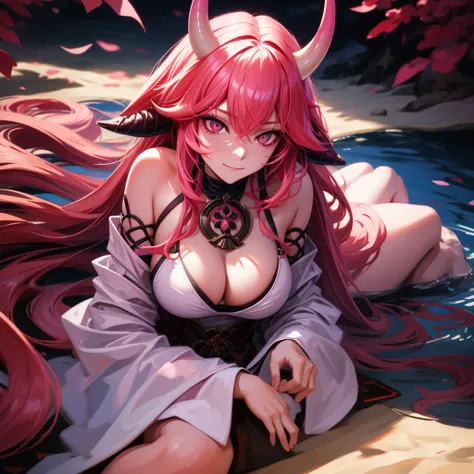 A female demon with black demon horn, ((demon horn)), extremely long pink hair, ((Pink hair)), White eyes of the demon, ((White eyes)), leaf bikini, lying on the beach sand with a wicked and malicious look, Realistic fashion, sysie high definition details,...