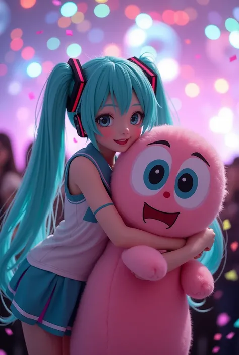 Hatsune Miku hugging a inflatable costume mascot