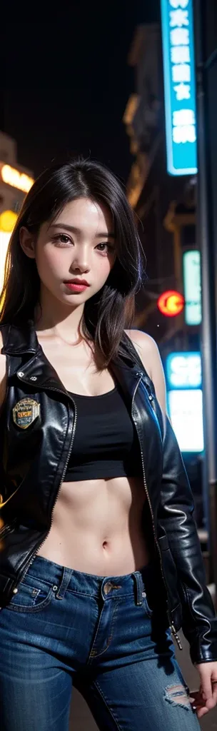 Portrait of a beautiful female model natlp, Georgia Fowler, Beautiful Face, Short dark brown hair, Cyberpunk city at night. 彼女は革のSleeveless sexy jacketを着ている, Black jeans, Dramatic lighting, (Police Badge:1.2)（I can see my trained abs）、Sleeveless sexy jacke...