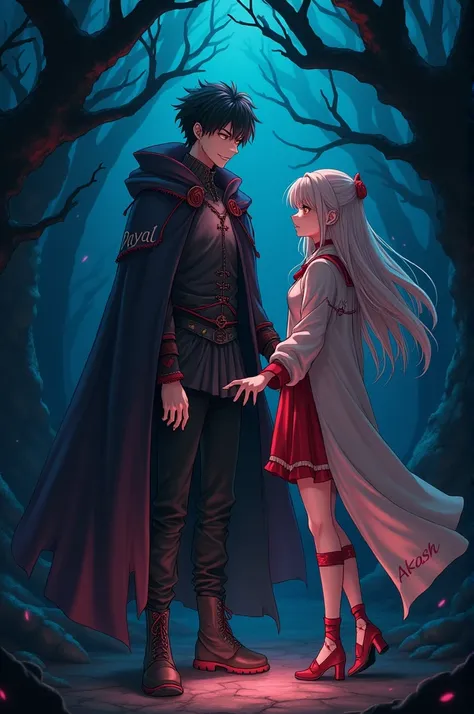 Give me a image of a evil anime boy who wearing a cloth which is written Payal ,who holding hand of a anime girl  who wearing a cloth which is written Akash 
