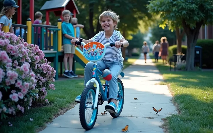 An elementary school student is pedaling a bicycle, still getting used to it.。