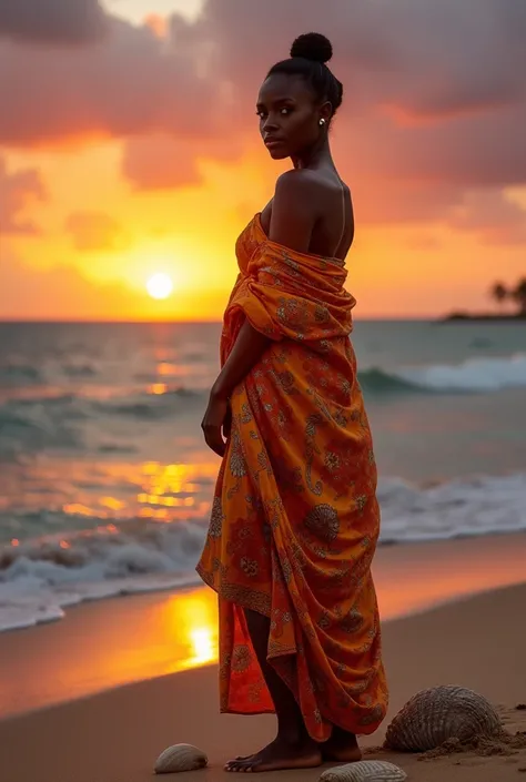 africaine a la plage,soleil couchant,le regard face a nous