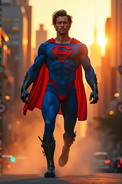 male superhero wearing tight blue spandex with red thong over it