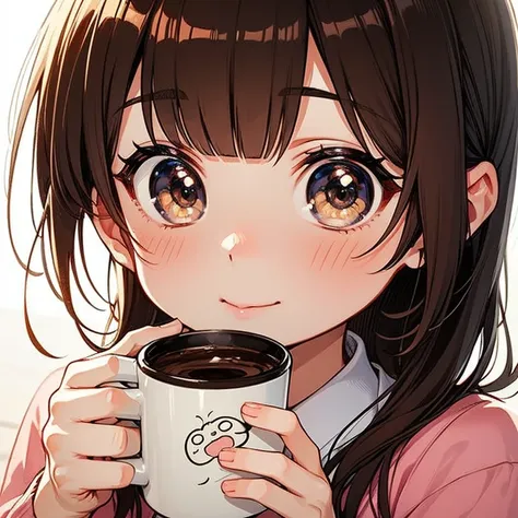 young girl holding a cup of coffee in her hand, girl with a cute face, cute natural anime face, with a sweet - beautiful - face,...