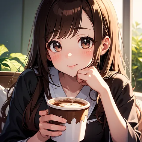 young girl holding a cup of coffee in her hand, girl with a cute face, cute natural anime face, with a sweet - beautiful - face,...