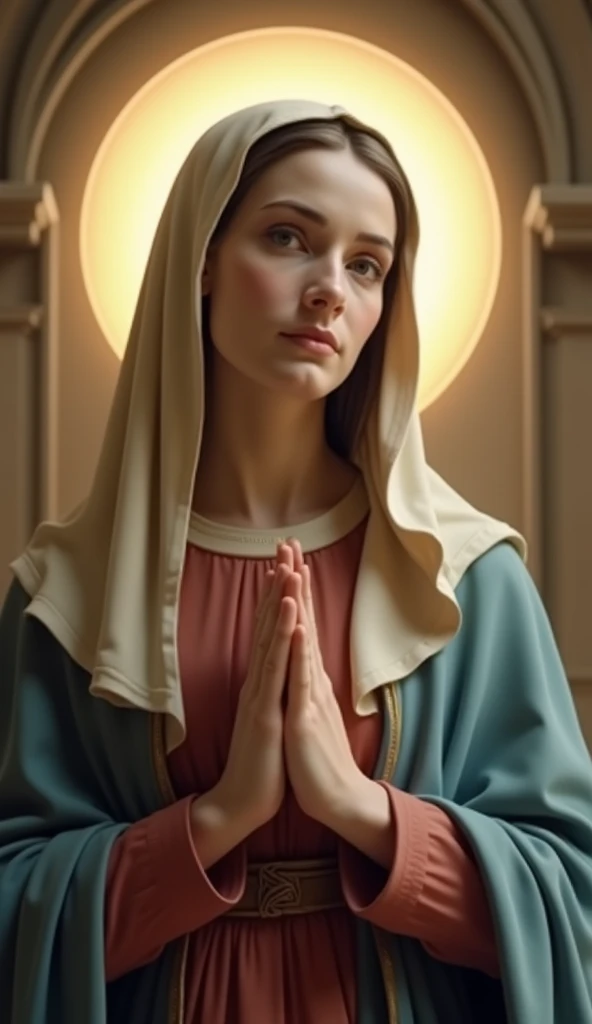 A very beautiful and realistic photo of the Virgin Mary, Reddish beige tunic, Blue cloak and veil, Halo, Clear facial features with crisp, realistic detail, Sony FE, 35mm, Cinema Lighting, Attention to detail, UHigh resolution, high quality, High resolutio...