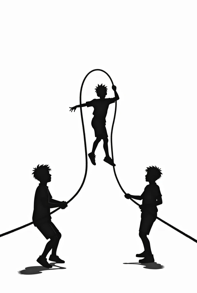 Please depict a silhouette of Japanese high school boys doing double dutch.。The background should be white。Double Dutch is、It is a type of skipping rope that uses two ropes.。Two people facing each other hold the ends of two ropes with both hands and rotate...