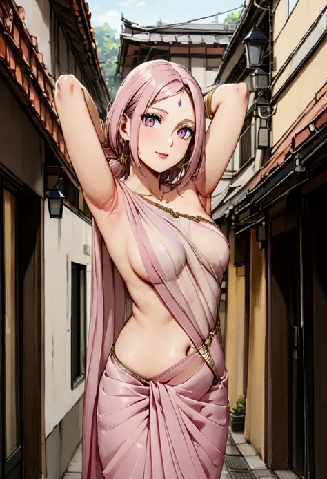 Sakura Haruno wearing saree, no blouse, hands raised, facing the viewer, armpits, standing in street,  