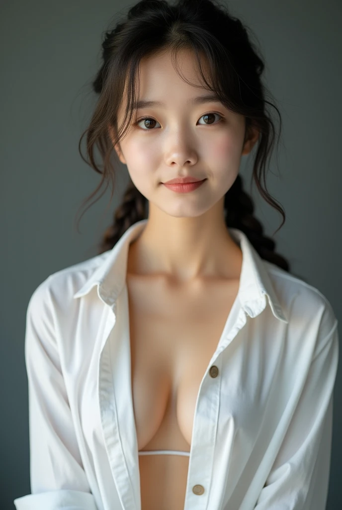 Professional Lighting,squat,Staring at the photographer,A close-up of a girl with her hair braided, The front of his white shirt is open,Cleavage,Cute young girl, Young and adorable Korean face, Young Asian, Beautiful girl, 
