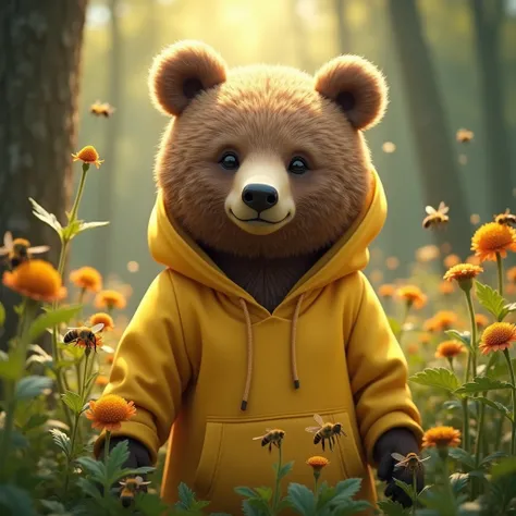 masterpiece，Highest quality，Movie stills，A bear, one，bear in the forest，Yellow hoodie、Friendly atmosphere、Fresh greenery、beautiful、Honeybees、insect net