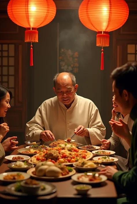 A blind man was sitting eating with a Han family.