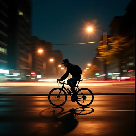 In the city at night, a cyclist forms a beautiful landscape under the street lights. Use long exposures to capture the movements of cyclists and the lights of the city. Beautiful cinematic lighting, surreal, RAW photo, color graded, dynamic movement, capti...