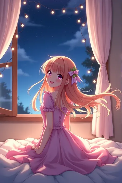 A  anime  wearing pink frock sitting on the bed, she speaking happy birthday her back side on open wall, sky with stars  midnight ravishing  image 