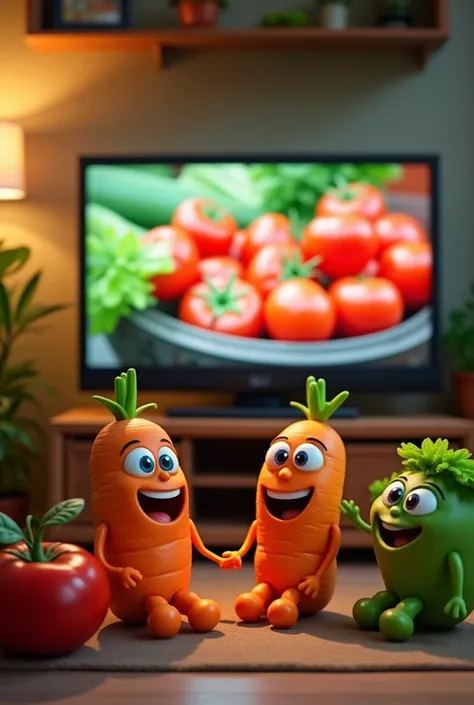 A large TV screen with Vegetables with eyes sitting near it 