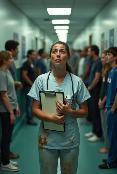 The nurses clothes are torn, she is crying and people standing nearby are laughing.