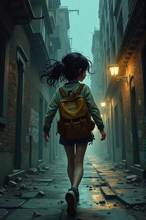 A girl with a bag on its back is running in fear of people