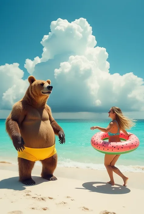 Grizzly bear deformed into an egg shape、Circle々Are fat、Yellow boxer shorts、A person with a large watermelon-patterned inflatable ring around their waist is dancing joyfully.、A big cumulus cloud against a clear blue sky、White sand beach、Falling sun、the brig...