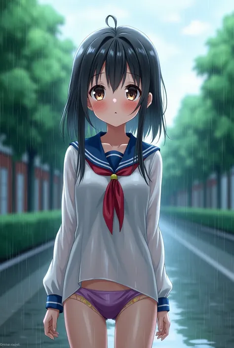 An anime girl in a wet school uniform, with her underwear showing.