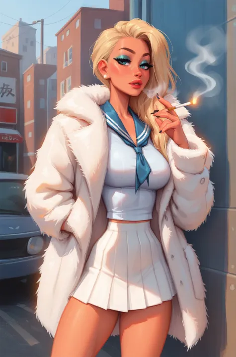 a woman in a chic fur coat, her fur coat is unbuttoned, a woman holds a mouthpiece in her hand, holds a cigarette in her hand, a...