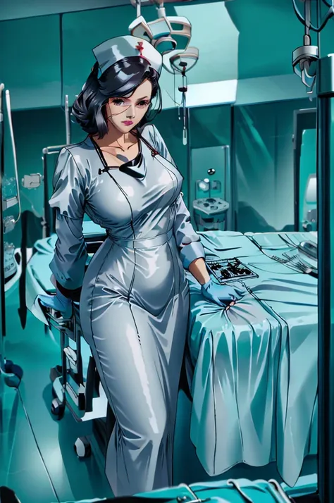 nurse uniform,hospital, latex nurse suit,nurses,busty,elbow gloves,labcoat,black hair woman,red eyes , gigantic ,medical instruments,asian nurse,two nurses,speculum,examination room,oversize ,big ass ,strap on, lay on table ,legs spreaded,giving birth,gyno...