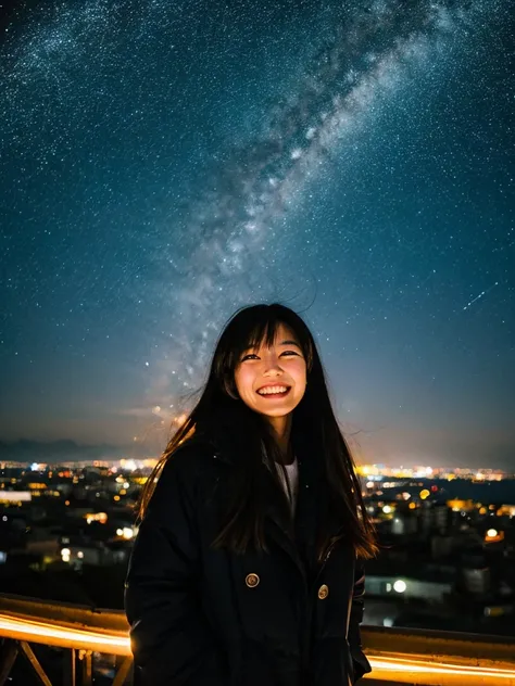 Night beach, long black hair, Japanese woman, starry sky, big smile, city lights in the distance