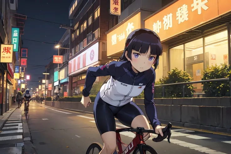 ride a bicycle, (ruri gokou), woman, alone,Hime cut, Mole under the eye, ((aero cycling helmets)), Cycle pro team wear, Cityscape, Road race, Runners speeding by, Blur of bicycle wheels, Neon lights of the night, Reflecting streetlights