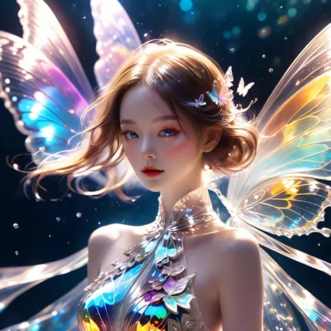 plunge into the sea,(butterfly flapping its wings),light powder,crystal butterfly,butterflies,beautiful wings,transparent body,s...