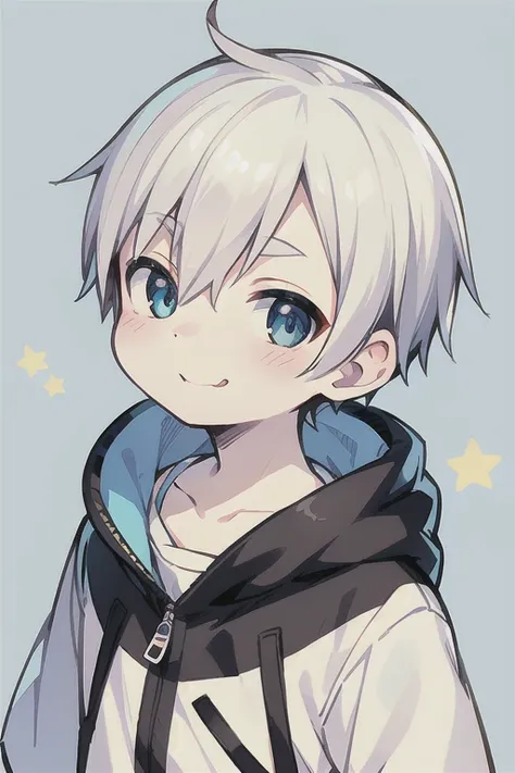 Highest quality, (high quality),eye highlights,arms are thin, thin body,face,from front,(portrait),look at viewer,droopy eyes,very happy smile,Pouting mouth,open your mouth and laugh,(((chilled boy))), (1 boy),(white hair),((short hair)),parka,star backgro...