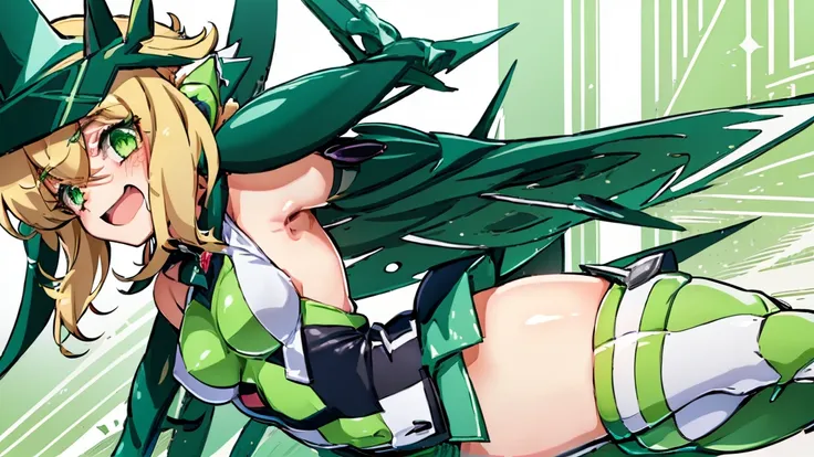 1girl, blond hair, green eyes, short hair, x hair ornament, medium breasts, green leotard with white stripes, symphogear undersu...