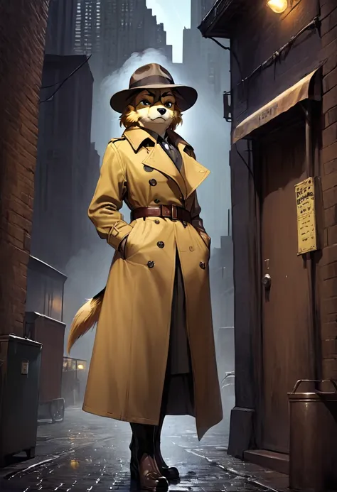 a anthropomorphic dog furry yellow detective buff,muscular wearing a detective outfit,brown trench-coat,scars,thick,30’s style. ...