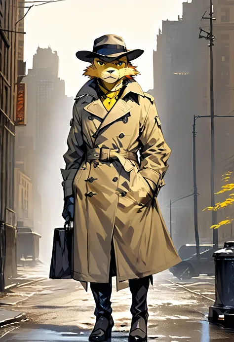 a anthropomorphic dog furry yellow detective buff,muscular wearing a detective outfit,brown trench-coat,scars,thick,30’s style. He’s androgynous, a sensual ,cool expression,full body.The scene has a cold,mysterious,Blacksad style and a vibrant tone.Diesel ...