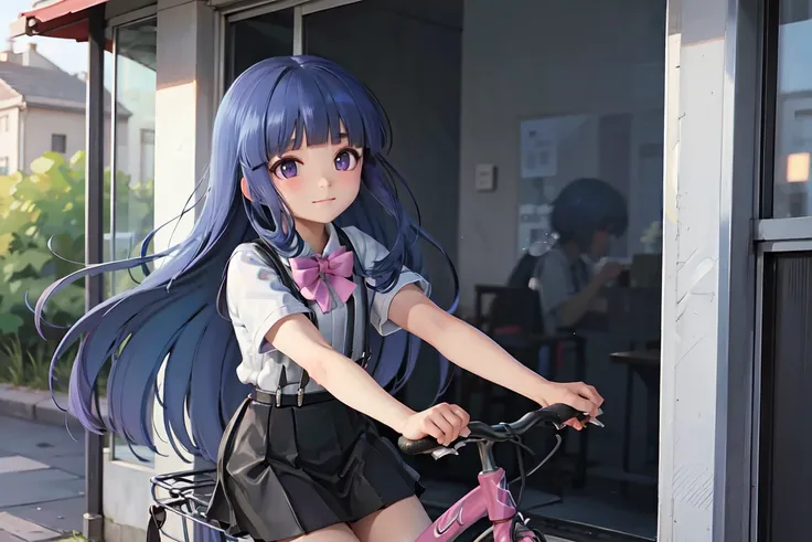 1 person, alone, blue hair, purple eyes, long hair, blunt bangs, bangs, white shirt, pink ribbon, suspenders, black skirt, ride ...