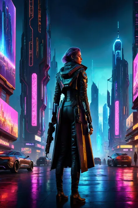 a lone gunman in a futuristic cyberpunk city, detailed cinematic lighting, dramatic atmosphere, dark sinister cityscape, neon gl...