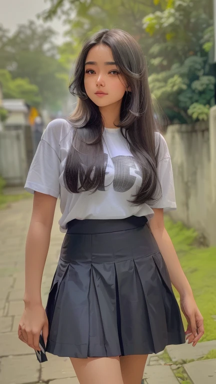 arafed woman in a skirt and t - shirt walking down a path, candid picture, with lovely look, white shirt and grey skirt, candid photo, with long hair, casual pose, dressed in long fluent skirt, assamese aesthetic, wearing skirt, beautiful short skirt, dres...