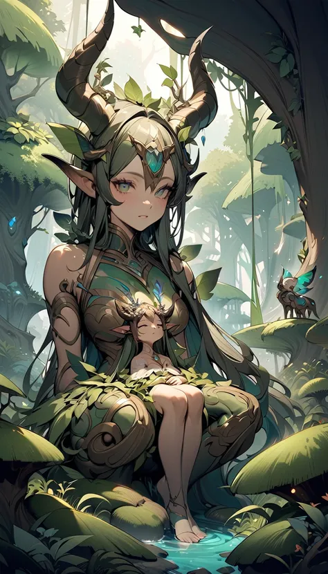 ((best quality)) , ((masterpiece)) , (detailed),A whimsical, anthropomorphic tree with a face and horns adorned with colorful foliage. Mystical forest setting with lush greenery and mystical elements. Earthy tones of browns and greens, with hints of purple...