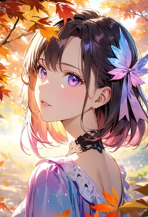 (8K, Highest quality, masterpiece:1.2),(Highest quality:1.0), (Ultra-high resolution:1.0), watercolor, Beautiful woman, shoulder, Hair Ribbon, Agnes Cecil, Half Body Portrait, Very bright and luminous design, pastel colour, (ink:1.3), Autumn Light,