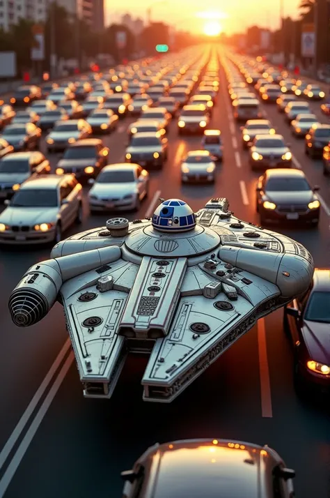 Traffic Jams: The Falcon gets stuck on the 405 freeway during rush hour. R2-D2 beeps impatiently.