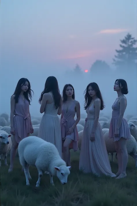 Im taking photos for a new concept album. Create a girl group concept photo with a mysterious flock of sheep